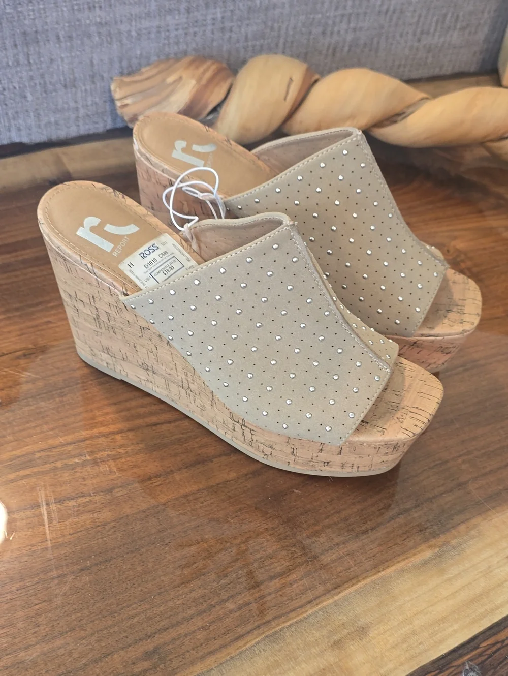 NWT Report Beige Suede Cork Wedge Mules with Stud Detailing